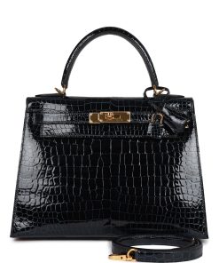 Hermes Kelly Sellier 28 Bleu Baltique Shiny Porosus Crocodile Gold Hardware