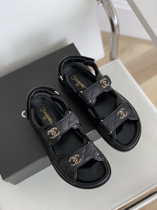 Chanel Cc Button Velcro Black Sandals Grained Calfskin Leather - Image 2