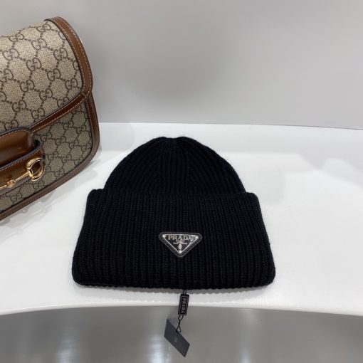 Prada Wool And Cashmere Beanie Silver Black - Image 2