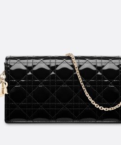 Dior Lady Dior Clutch With Chain In Black Patent