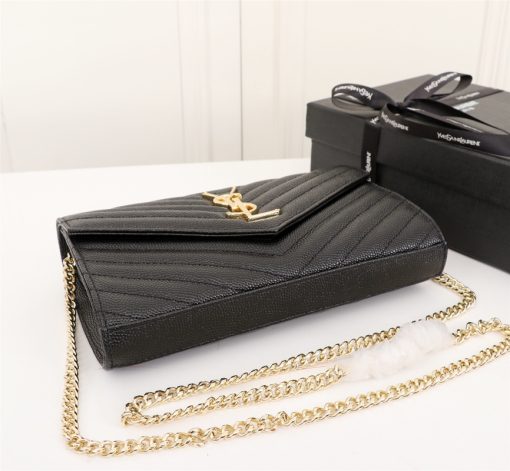 Saint Laurent Cassandre Matelasse Chain Wallet In Grain De Poudre Embossed Black Gold 22Cm 377828Bow011000 - Image 9