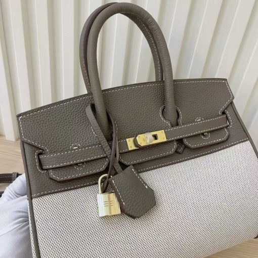 HERMES BIRKIN 25 BI-MATERIAL GOLD TONED HARDWARE GREY 25CM - Image 2