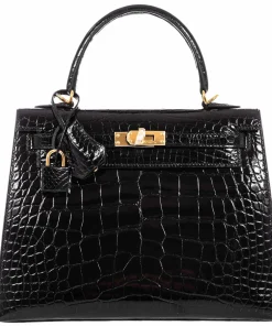 H Handbags Kelly 25 Sellier Black Alligator Gold Hardware