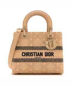 Dior Raffia Woven Cannage Embroidered Medium Lady D-Lite Natural Black
