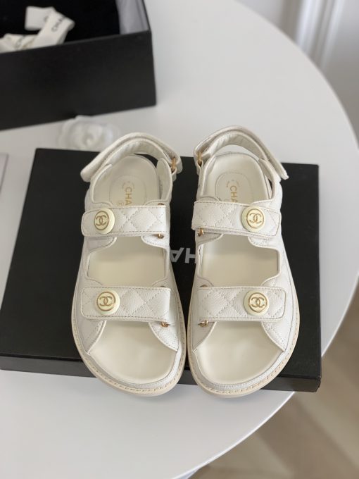 Chanel Cc Button Velcro White Sandals Grained Calfskin Leather - Image 2
