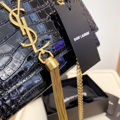 Saint Laurent Kate Medium Chain Bag With Tassel In Shiny Crocodile-Embossed Leather Black 354119Aaay14083 - Image 4
