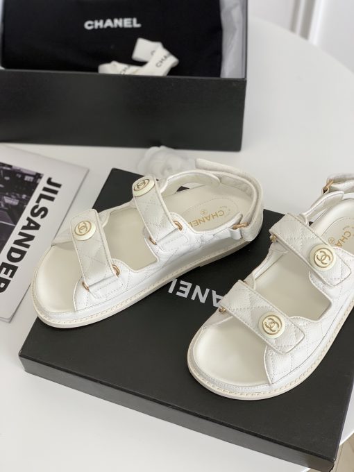 Chanel Cc Button Velcro White Sandals Grained Calfskin Leather - Image 6