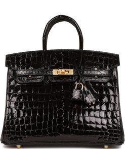 H Handbags Birkin 25 Black Shiny Niloticus Crocodile Gold Hardware
