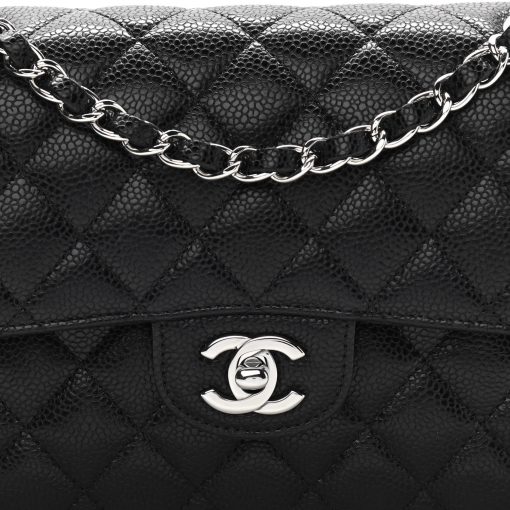 Black Quilted Caviar Small Double Flap Silver Hardware - Image 4