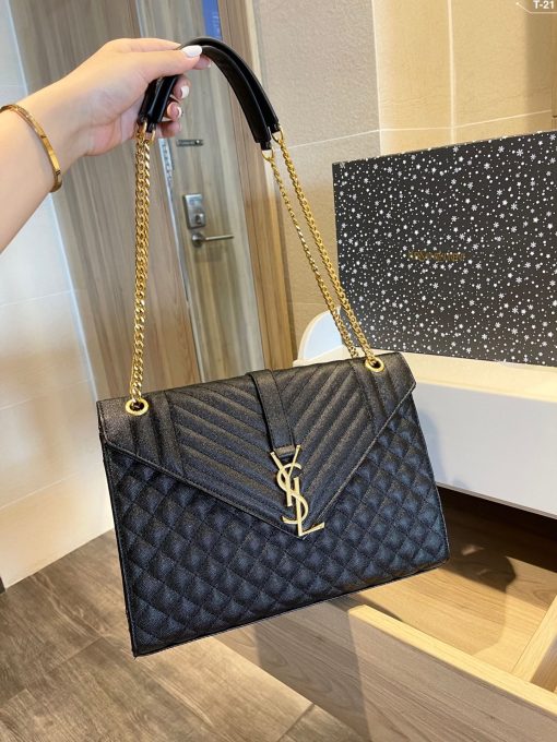 Saint Laurent Envelope Large Bag In Mix Matelasse Grain De Poudre Embossed Black Gold 31Cm 600166Bow911000 - Image 6