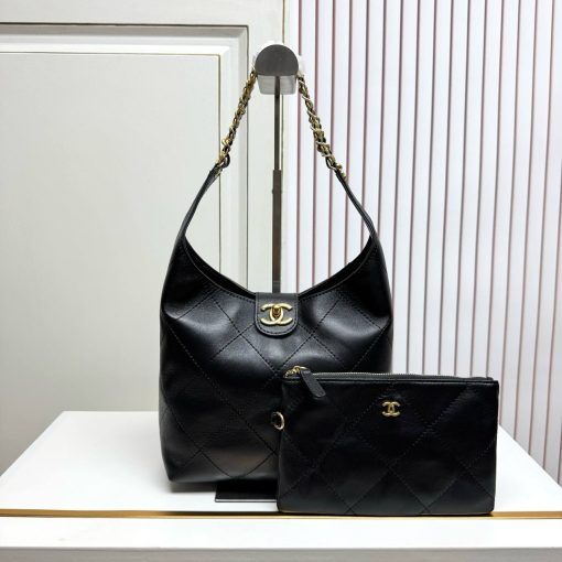 Chanel Black Lambskin Quilted Braided Chain Hobo Bag Aged Gold Hardware - Image 2