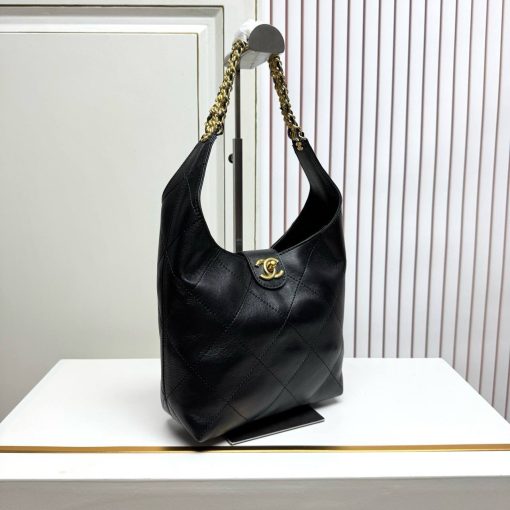 Chanel Black Lambskin Quilted Braided Chain Hobo Bag Aged Gold Hardware - Image 3