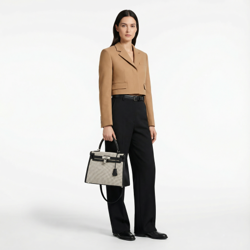 Hermès Kelly 25 Quadrille Canvas And Noir Swift Palladium Hardware - Image 2