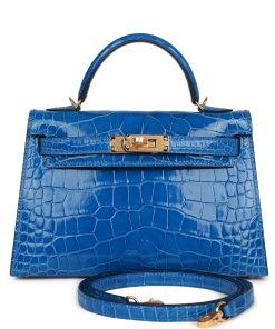 H Handbags Kelly Sellier 20 Bleu Zellige Shiny Alligator Gold Hardware