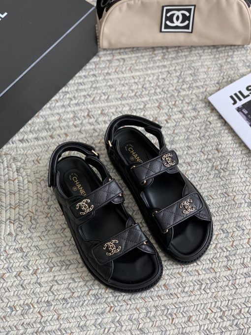 Chanel Cc Button Velcro Black Sandals Grained Calfskin Leather - Image 3