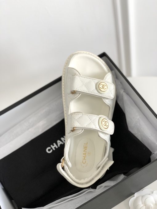 Chanel Cc Button Velcro White Sandals Grained Calfskin Leather - Image 4