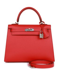 H Handbags Kelly Sellier 25 Rouge De Coeur Verso Epsom Palladium Hardware