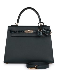 H Handbags Kelly Sellier 25 Vert Rousseau Madame And Shiny Niloticus Crocodile Touch Gold Hardware