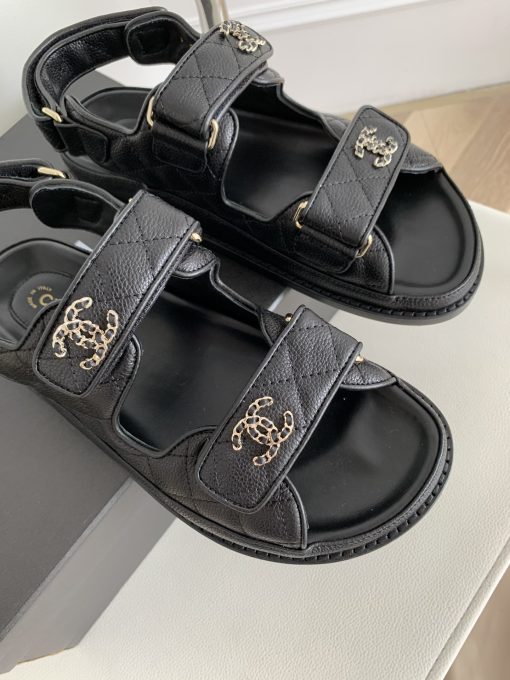 Chanel Cc Button Velcro Black Sandals Grained Calfskin Leather - Image 5
