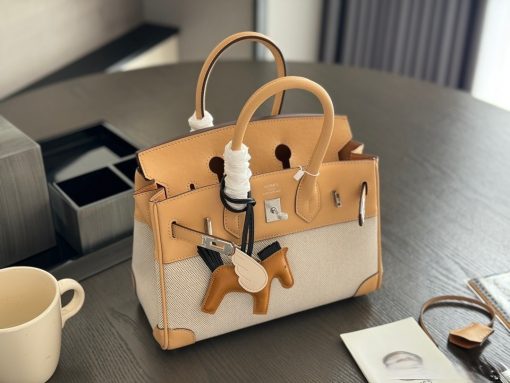 Hermès Birkin 25 Biscuit Swift and Ecru Toile Palladium Hardware - Image 2