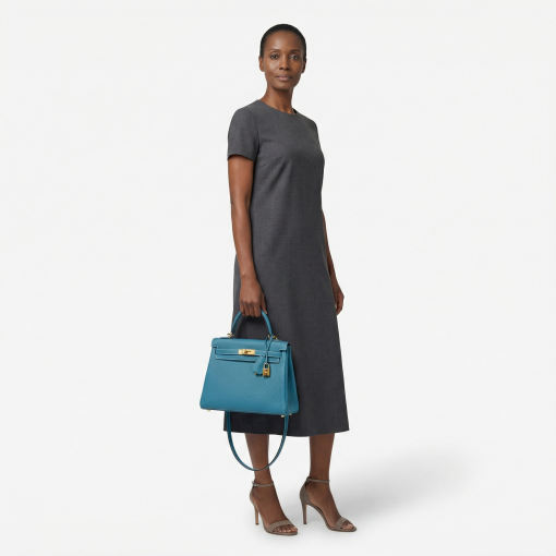 Hermès 30cm Kelly Retourne Blue Jean Togo Gold Hardware - Image 6