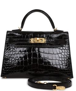 Hermes Kelly Sellier 20 Black Shiny Alligator Gold Hardware