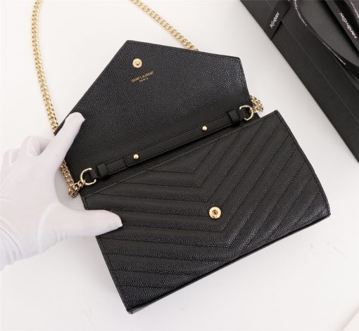 Saint Laurent Cassandre Matelasse Chain Wallet In Grain De Poudre Embossed Black Gold 22Cm 377828Bow011000 - Image 7