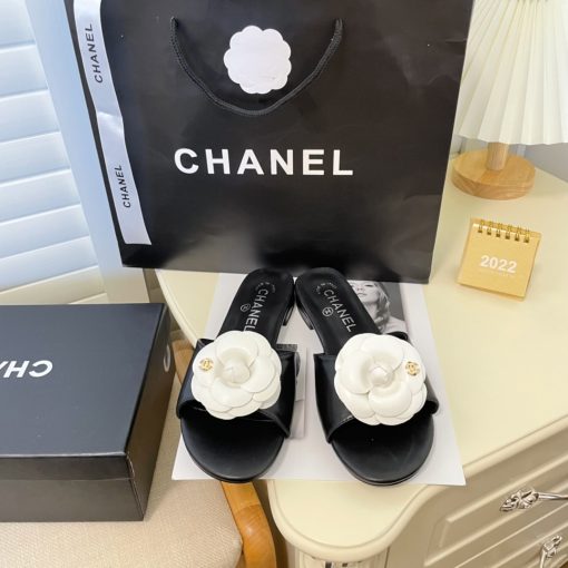 Chanel White Camellia Slides Black - Image 2