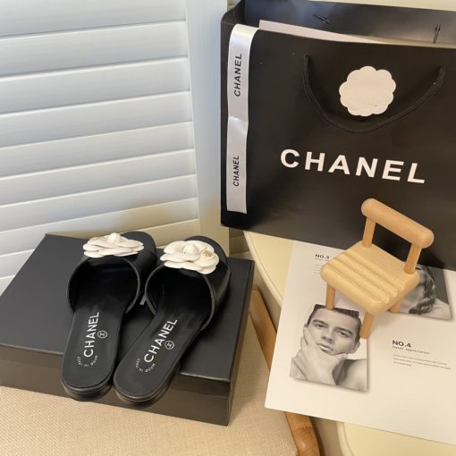 Chanel White Camellia Slides Black - Image 6