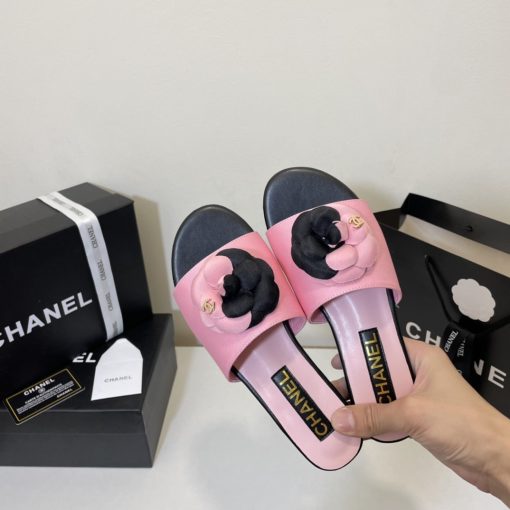 Chanel Camellia Slides Pink Black - Image 4