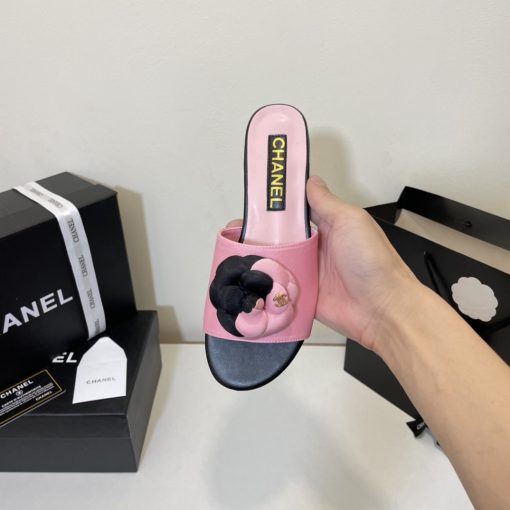 Chanel Camellia Slides Pink Black - Image 5