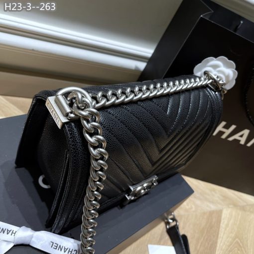 Chanel Boy Caviar Chevron Quilted Flap Bag Black 25Cm - Image 6