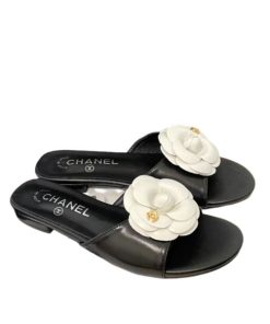 Chanel White Camellia Slides Black