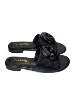 Chanel Camellia Leather Slides Black
