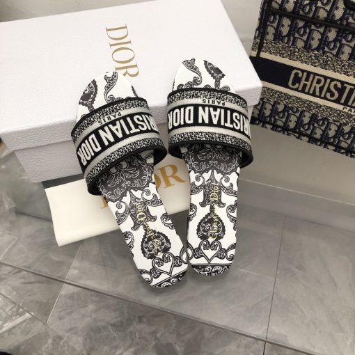 Dior Dway Slide Black And White Cotton With Dior Bandana Embroidery - Image 3