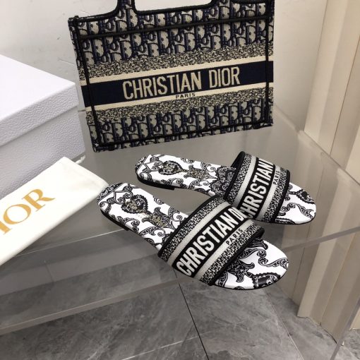 Dior Dway Slide Black And White Cotton With Dior Bandana Embroidery - Image 7