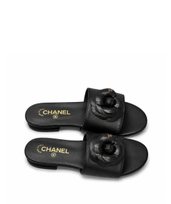 Chanel Camellia Leather Slides Black