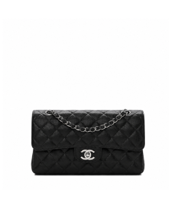 Chanel Black Quilted Caviar Small Double Flap Silver Hardware