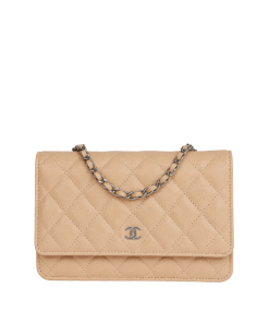 Chanel Beige Quilted Caviar Wallet On Chain With Silver Hardware
