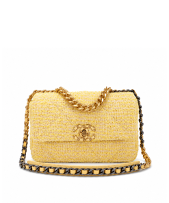 Chanel 19 Flap Bag Quilted Tweed Yellow 26Cm