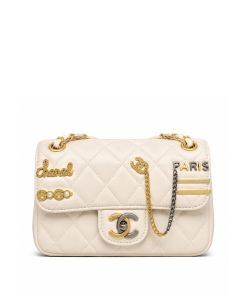 Chanel Embellished Quilted Lambskin Coco Clips Flap Mini Beige 20Cm
