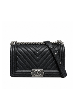 Chanel Boy Caviar Chevron Quilted Flap Bag Black 25Cm