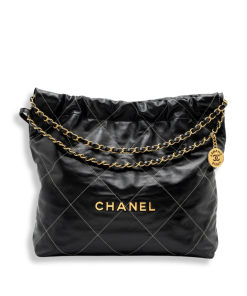 Chanel 22 Large Black White Calfskin Contrast Stitch Aged Gold Hardware