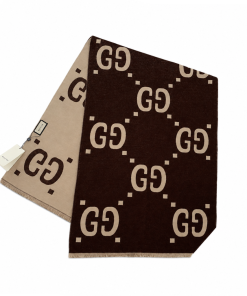 Gucci GG Pattern Jacquard Wool Silk Scarf In Beige/ Brown