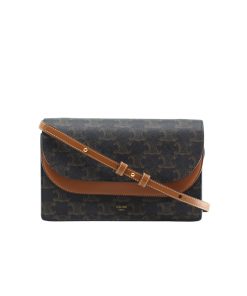 Celine Wallet On Strap In Triomphe Canvas And Smooth Lambskin Tan 20Cm