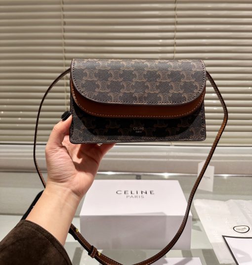Celine Wallet On Strap In Triomphe Canvas And Smooth Lambskin Tan 20Cm - Image 2