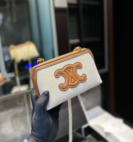 Celine Clutch On Chain Cuir Triomphe In Textile And Calfskin Natural Tan 17Cm - Image 2