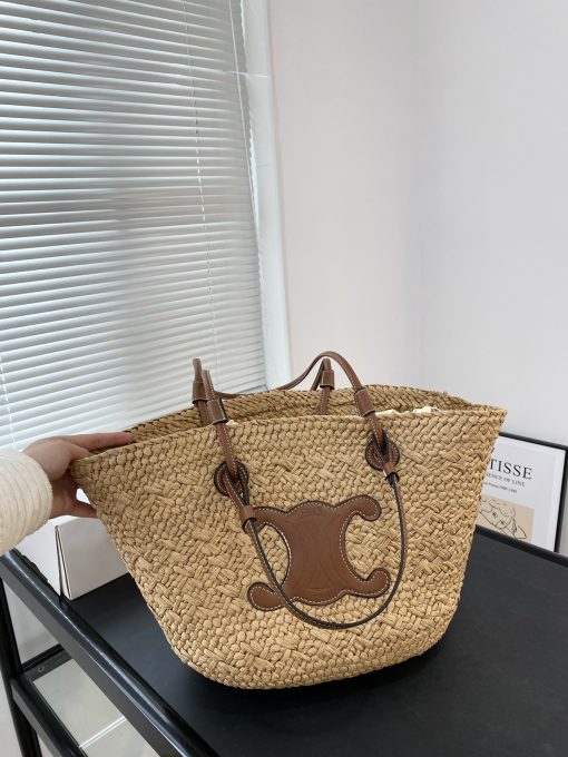 Celine Triomphe Panier In Raffia And Calfskin Tan 31Cm - Image 2