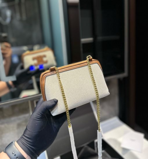 Celine Clutch On Chain Cuir Triomphe In Textile And Calfskin Natural Tan 17Cm - Image 3