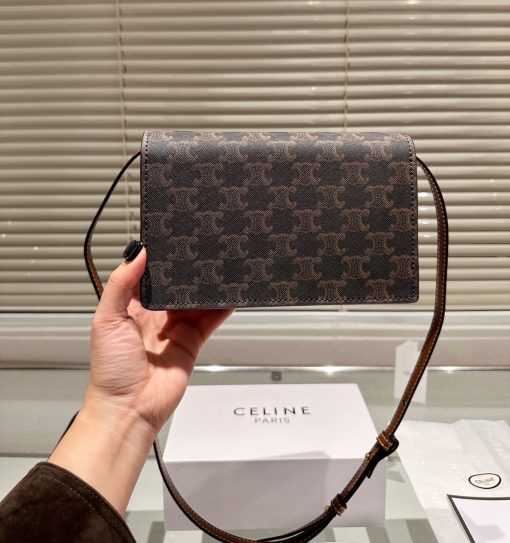 Celine Wallet On Strap In Triomphe Canvas And Smooth Lambskin Tan 20Cm - Image 4